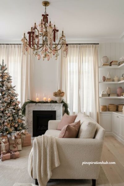 Pink christmas chandelier decor with hanging blush ornaments and elegant holiday living room