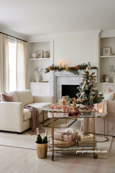 Pink christmas hosting station with blush bar cart and elegant holiday entertaining decor
