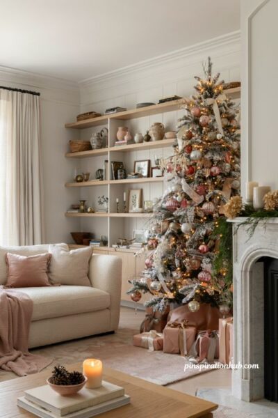 Pink christmas tree with vintage mercury glass ornaments and elegant blush holiday living room