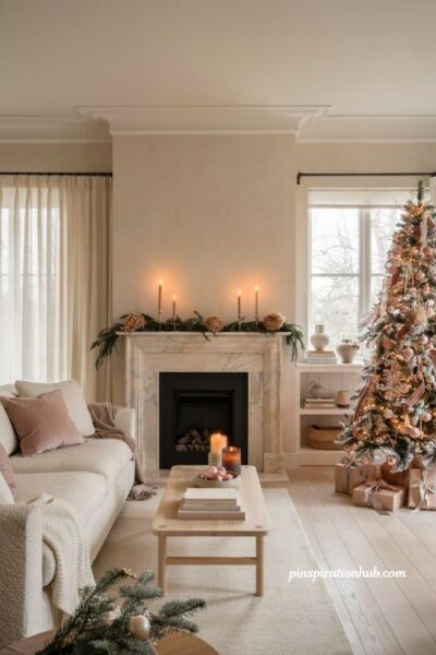 Pink christmas living room with blush champagne holiday decor and elegant festive styling