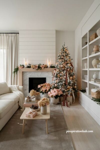 Pink christmas living room with blush poinsettias and elegant holiday fireplace decor