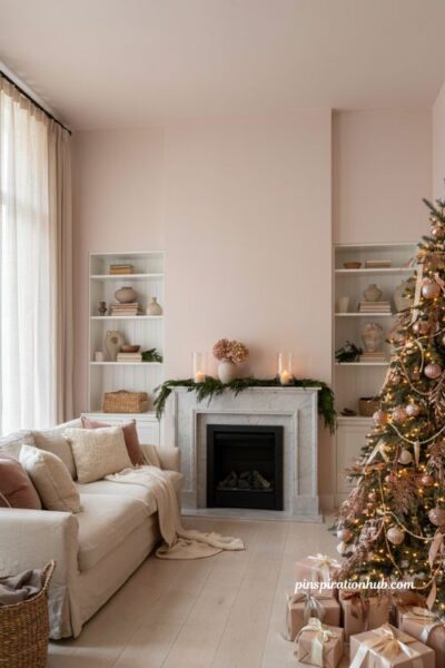 Pink christmas living room with blush throw pillows and elegant everyday holiday decor