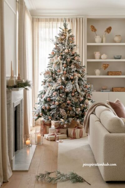 Pink christmas living room with flocked tree blush ornaments and elegant snowy holiday decor