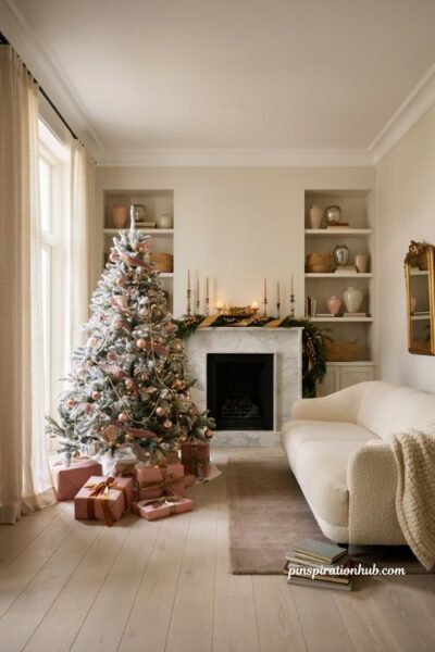 Pink christmas living room with metallic gold accents and elegant blush holiday decor