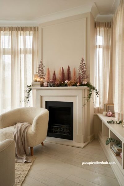 Pink christmas mantel decor with blush bottle brush trees and vintage mercury glass accents