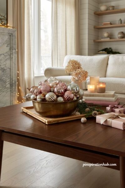 Pink christmas ornaments in a vintage brass bowl for elegant holiday coffee table decor
