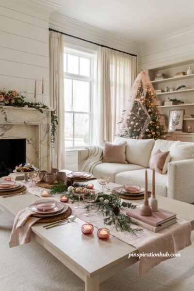 Pink christmas table linens and blush holiday table setting in an elegant living room