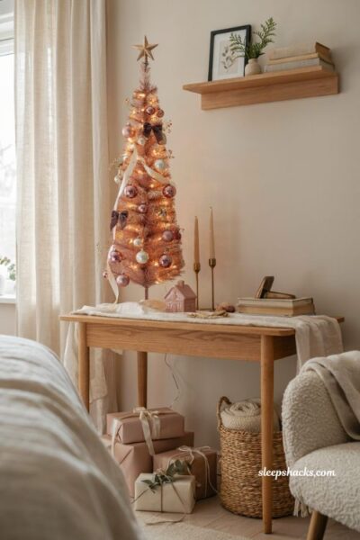 Pink christmas tree ideas with a tabletop and pencil tree for small spaces