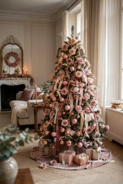 Pink christmas tree ideas with all pink roses ribbon and monochromatic holiday decor