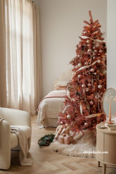 Pink christmas tree ideas with blush and rose gold holiday bedroom decor