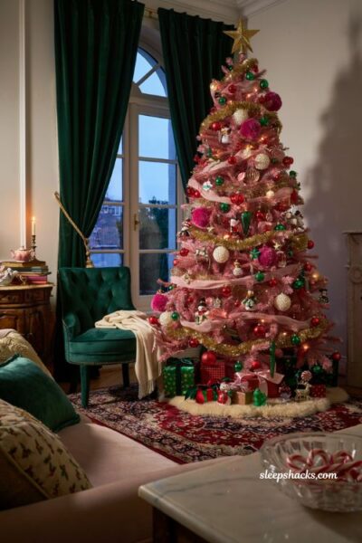 Pink christmas tree ideas with blush ornaments and elegant holiday decor