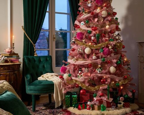 Pink christmas tree ideas with blush ornaments and elegant holiday decor