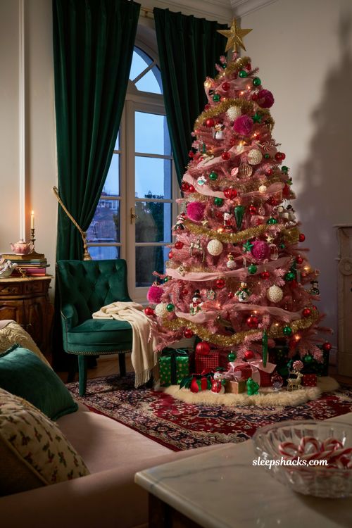Pink christmas tree ideas with blush ornaments and elegant holiday decor