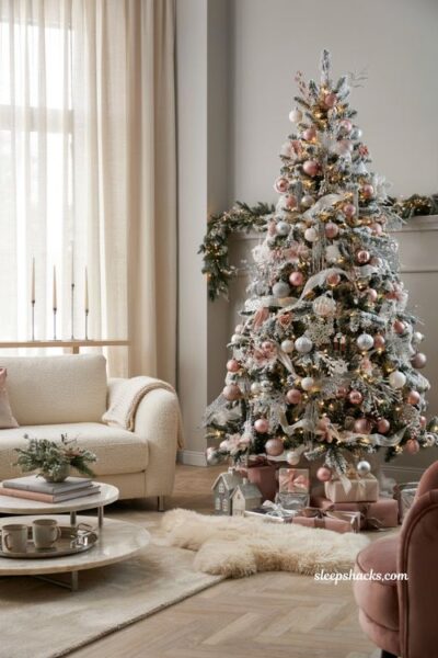 Pink christmas tree ideas with blush pink and silver ornaments on a flocked tree