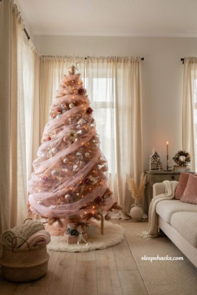 Pink christmas tree ideas with blush tulle and fairytale holiday decor