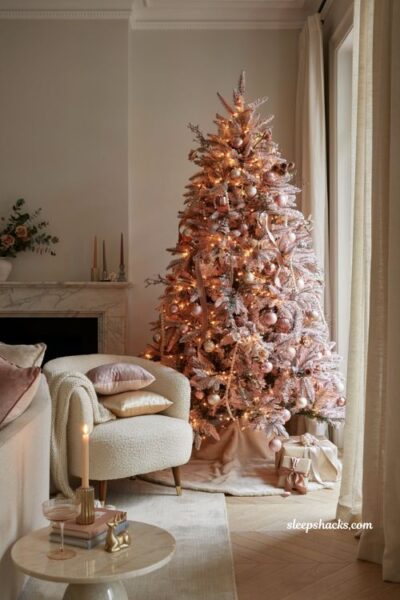 Pink christmas tree ideas with gold ornaments and elegant glam holiday decor