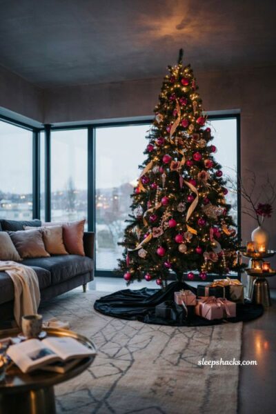 Pink christmas tree ideas with hot pink ornaments on a modern black christmas tree