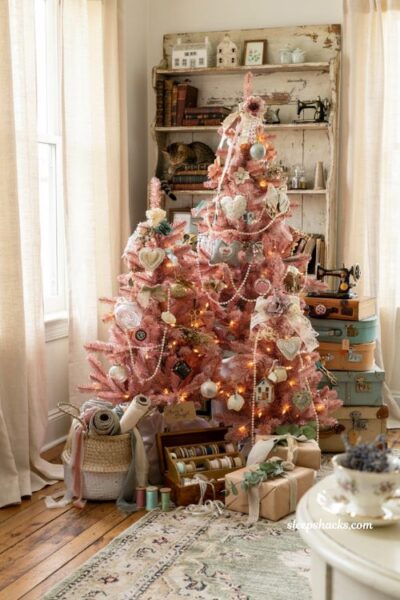 Pink christmas tree ideas with vintage sewing and toy themed holiday forest