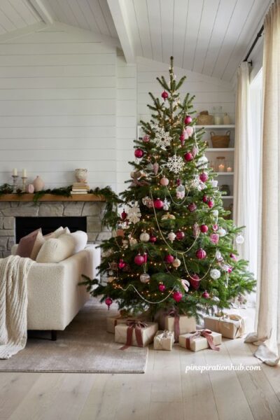 Pink christmas tree with white snowflake ornaments and elegant holiday living room decor