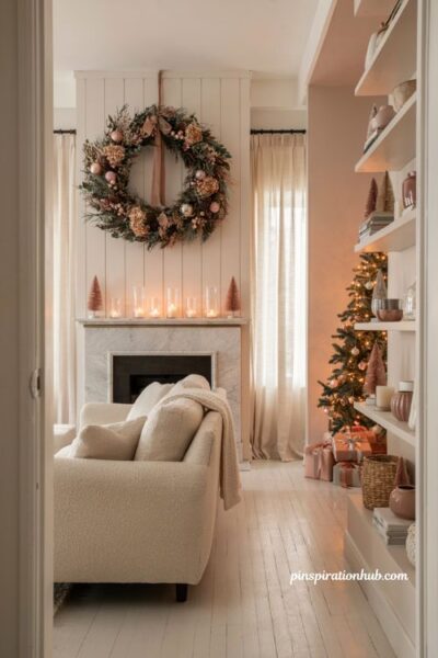 Pink christmas wreath decor with blush holiday mantel and elegant living room styling