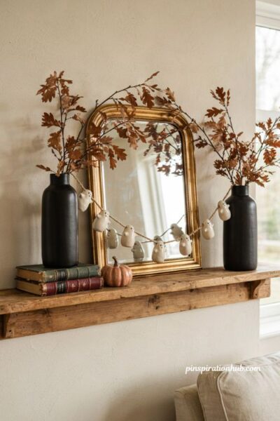 Playful ceramic ghost garland draped across a cozy autumn mantel with dried fall stems