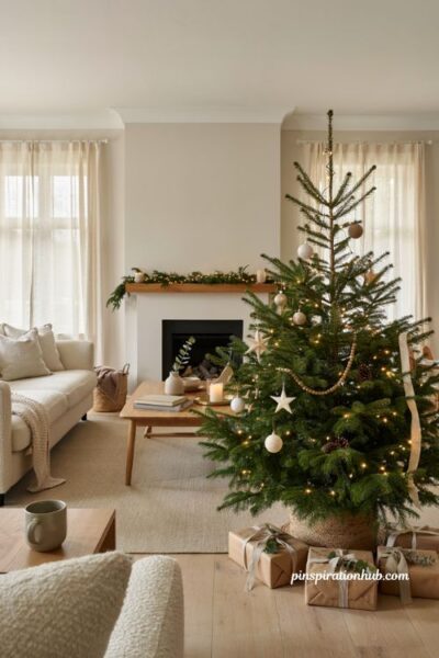 Pre lit christmas tree with simple Scandinavian farmhouse holiday living room decor