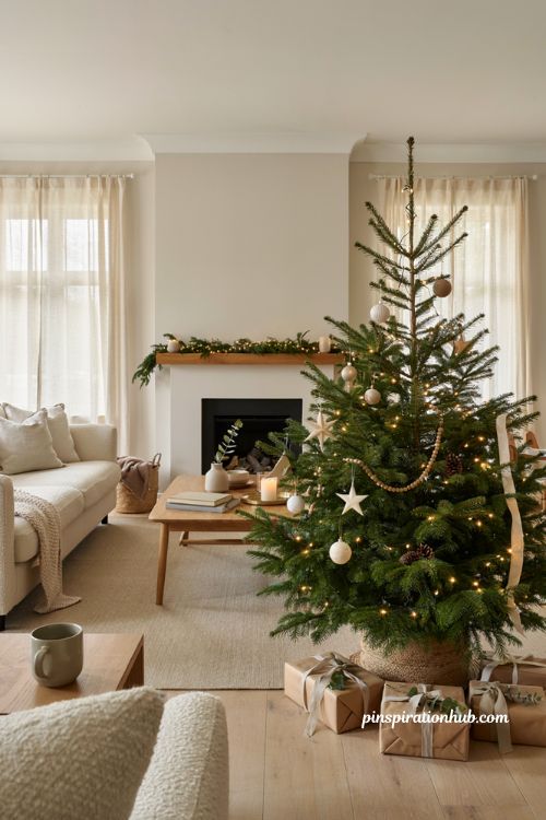 Pre lit christmas tree with simple Scandinavian farmhouse holiday living room decor
