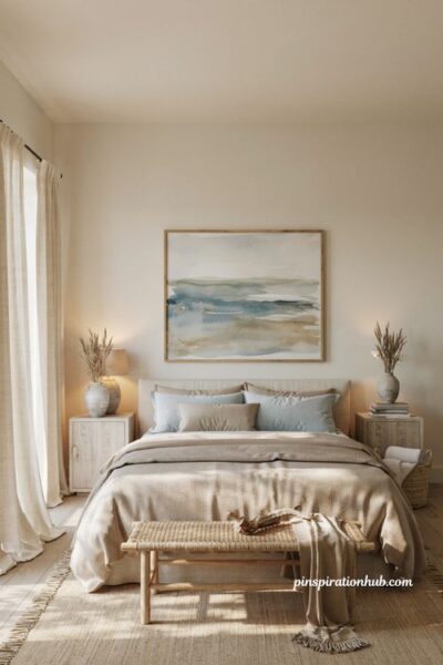 **Prompt:** Wide-angle eye-level editorial interior photograph of a serene neutral coastal bedroom centered on a beautifully layered upholstered bed with a single oversized artwork above the headboard, a peaceful retreat that feels quietly connected to the shoreline without relying on obvious beach motifs. Refined contemporary coastal style with Scandinavian simplicity and timeless organic influences, creating an understated, sophisticated atmosphere. A soothing palette of warm ivory, soft sand, weathered taupe, muted driftwood beige, gentle greige, pale mist blue, and subtle sea-glass gray fills the room with effortless calm. The focal point is one large abstract watercolor inspired by tranquil ocean horizons in faded blues and earthy taupes, complemented by linen bedding with soft natural wrinkles, a textured woven bench, white oak nightstands, handcrafted ceramic vases holding dried sea grasses, lightly weathered driftwood accents, natural jute rugs, woven baskets, a linen table lamp with a warm glow, and a few thoughtfully chosen books that make the room feel collected over time rather than decorated all at once. Soft morning light streams through sheer flax linen curtains, casting delicate shadows across textured fabrics and natural wood while gently illuminating every surface with an unhurried glow. The atmosphere feels deeply calming and restorative, where soft colors instantly quiet the mind, aged natural textures add warmth and quiet depth, and intentionally simple details create lasting charm with an elegant whisper of the coast instead of a themed statement. No people, no text, no watermarks, no blur, no bokeh, all surfaces in sharp focus, photorealistic, 4K resolution, editorial interior photography, Pinterest-worthy. **Image title:** Neutral coastal bedroom with oversized abstract ocean artwork and soft natural textures