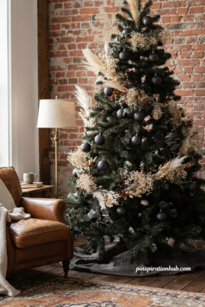 Relaxed black christmas tree decorated with a diagonal dried floral pampas grass garland and oversized black ornaments in an eclectic living room