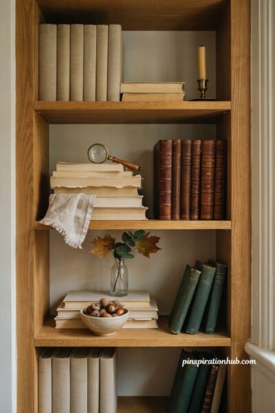 Restyled fall bookshelf color coded by earth tone book covers with brass and foliage accents