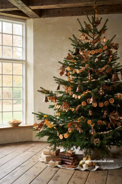 Rustic fall christmas tree with handmade dried orange slice and twine garlands in a cozy farmhouse living room