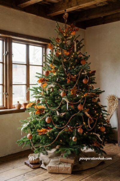 Rustic fall christmas tree with loose brown wood bead garland swags in a cozy farmhouse living room