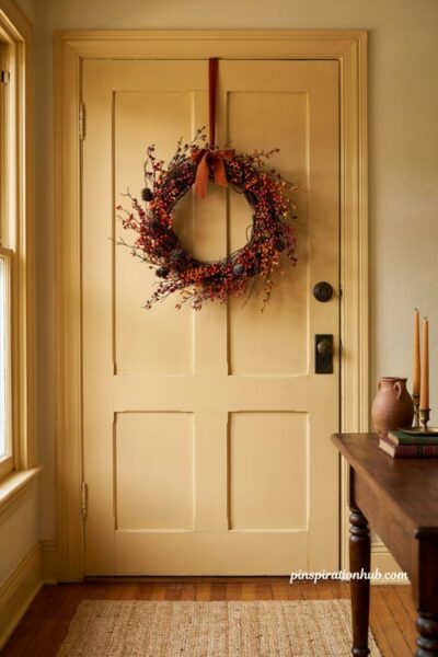 Rustic grapevine wreath with red orange and burgundy berries on a cream front door for traditional fall decor