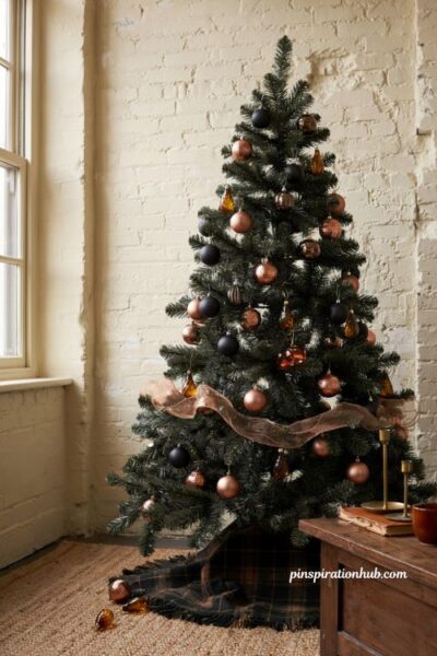 Rustic-modern black christmas tree decorated with warm bronze and amber ornaments in a cozy living room