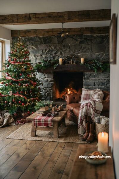 Rustic red green and plaid christmas living room color scheme ideas