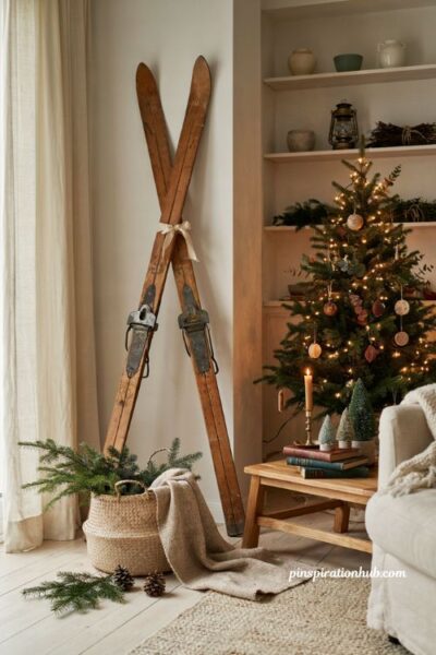 Rustic vintage ski corner christmas decor ideas for cozy living room wall styling