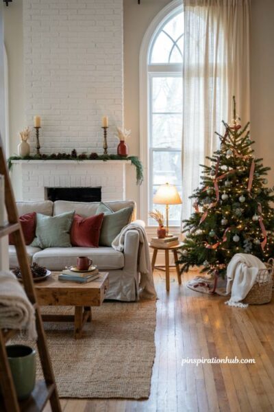 Sage green and cranberry christmas living room color scheme ideas