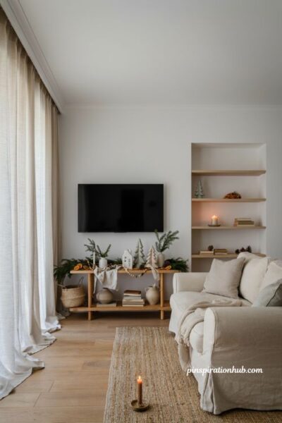 Scandinavian christmas tv console decor with natural textures and cozy neutral holiday styling