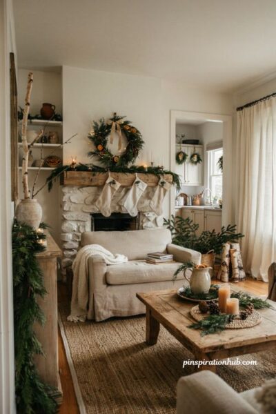 Seasonal greenery and wreath ideas for simple Christmas decor with cedar garlands and natural holiday styling