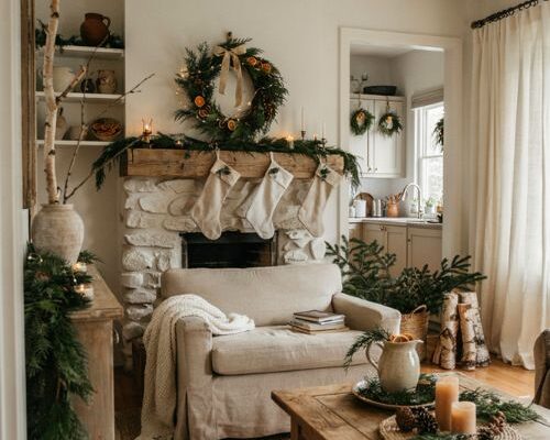 Seasonal greenery and wreath ideas for simple Christmas decor with cedar garlands and natural holiday styling