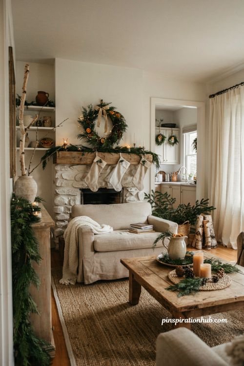 Seasonal greenery and wreath ideas for simple Christmas decor with cedar garlands and natural holiday styling