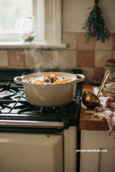 Simmering stovetop potpourri with orange peels cinnamon sticks and cloves in a farmhouse kitchen for autumn scent and decor.