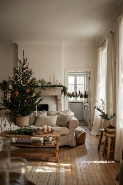 Simple Christmas decor ideas with natural greenery cozy living room and minimalist holiday styling