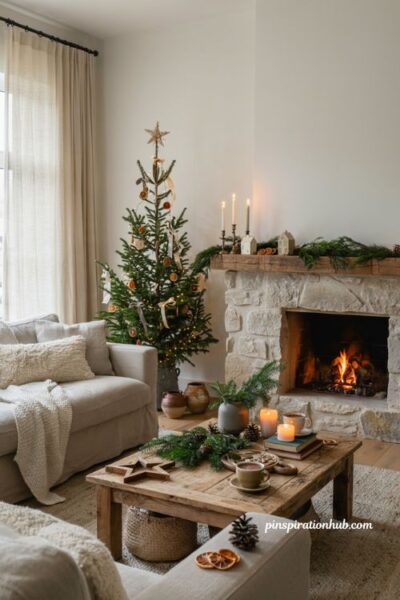 Simple Christmas living room decor with skinny tree natural mantel and cozy holiday styling