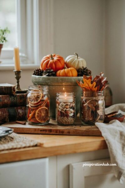 Simple and budget friendly diy fall decor ideas using mason jars dried leaves and dried orange slices in a farmhouse kitchen