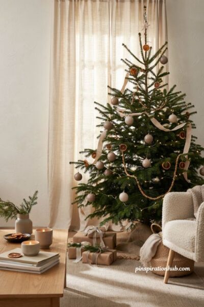 Simple christmas tree ideas with cozy Scandinavian minimalist holiday living room decor
