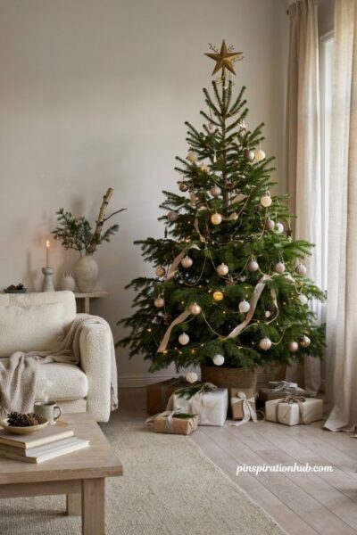 Simple christmas tree with antique gold star topper and elegant neutral holiday decor