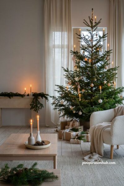 Simple christmas tree with clip on candle lights and elegant white gold holiday decor