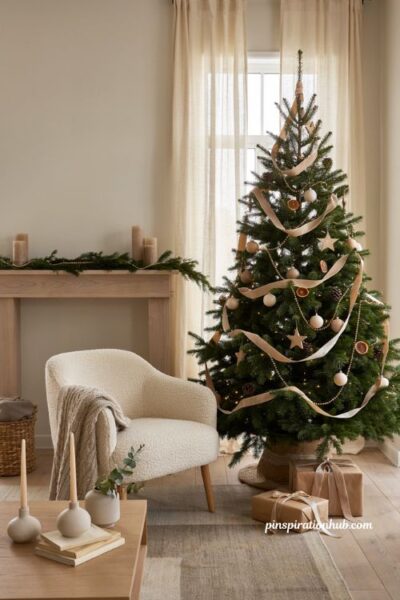 Simple christmas tree with flowing velvet ribbon for elegant minimalist holiday decor