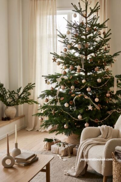 Simple christmas tree with intentional ornament spacing for elegant minimalist holiday decor